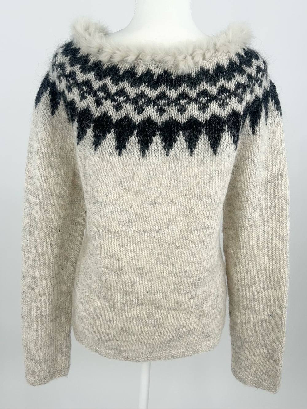 Icelandica 100% Wool Nordic Fair Isle Faux Fur Trim Sweater M Icelandic